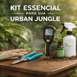 Kit de ferramentas essenciais para cultivar plantas em casa, incluindo medidor de umidade e tesoura de poda.