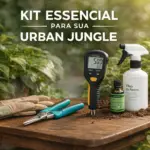 Kit de ferramentas essenciais para cultivar plantas em casa, incluindo medidor de umidade e tesoura de poda.