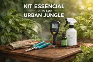 Kit de ferramentas essenciais para cultivar plantas em casa, incluindo medidor de umidade e tesoura de poda.