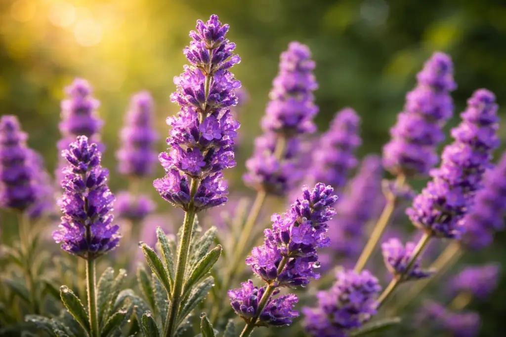 Close-up detalhado de flores de Lavanda roxas, uma planta repelente natural contra o mosquito da Dengue ideal para quartos