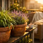 Varanda ensolarada decorada com vasos de Citronela e Lavanda atuando como plantas repelentes naturais contra a Dengue