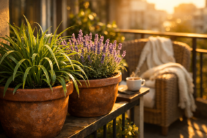 Varanda ensolarada decorada com vasos de Citronela e Lavanda atuando como plantas repelentes naturais contra a Dengue