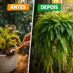 Samambaia de metro gigante e verde ao lado de um pote com adubo caseiro de borra de café e casca de ovo, demonstrando crescimento acelerado no Manual da Flora.