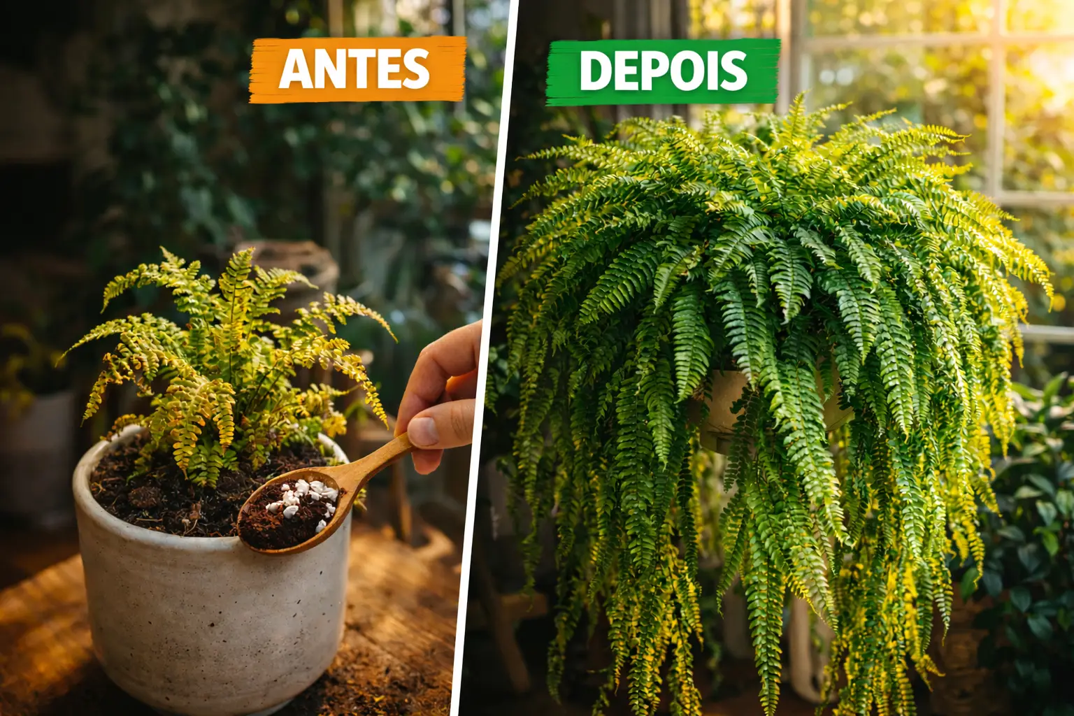 Samambaia de metro gigante e verde ao lado de um pote com adubo caseiro de borra de café e casca de ovo, demonstrando crescimento acelerado no Manual da Flora.