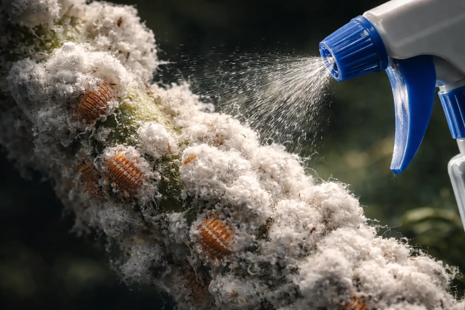 Close-up macro de infestação de cochonilha branca em caule de planta, mostrando detalhes da praga algodonosa e uma gota de remédio caseiro sendo aplicada para controle de pragas de jardim.