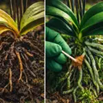 Mãos de especialista da Manual da Flora recuperando uma orquídea Phalaenopsis com raízes podres e folhas amarelas, aplicando canela em pó, em fundo profissional de estúdio botânico.