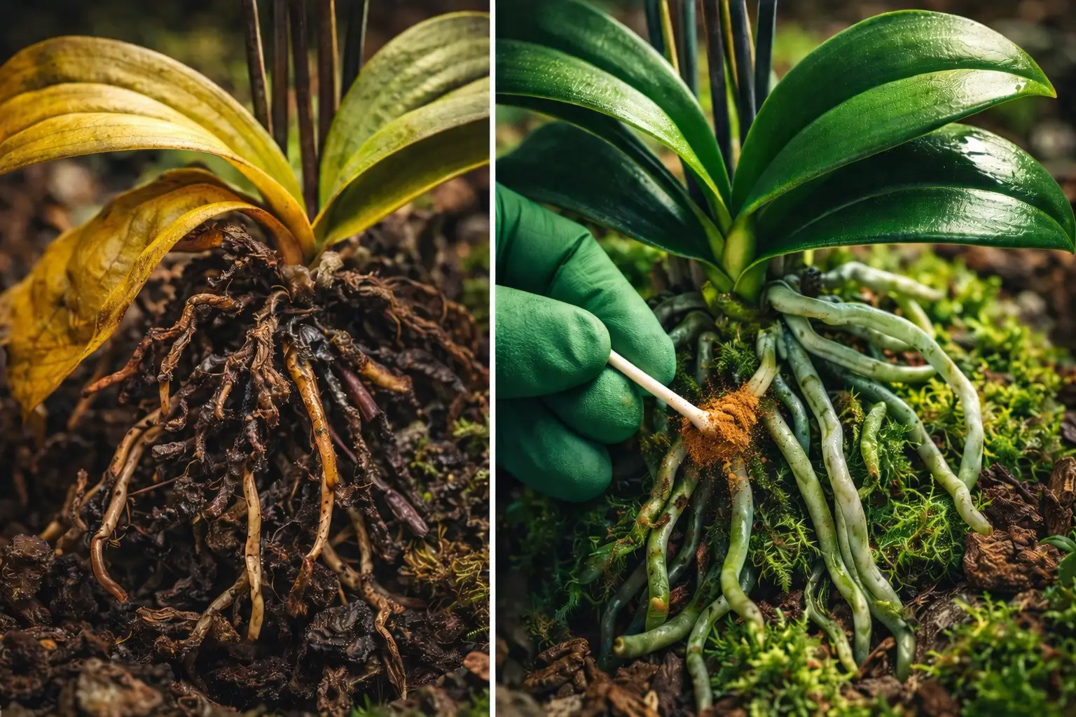 Mãos de especialista da Manual da Flora recuperando uma orquídea Phalaenopsis com raízes podres e folhas amarelas, aplicando canela em pó, em fundo profissional de estúdio botânico.