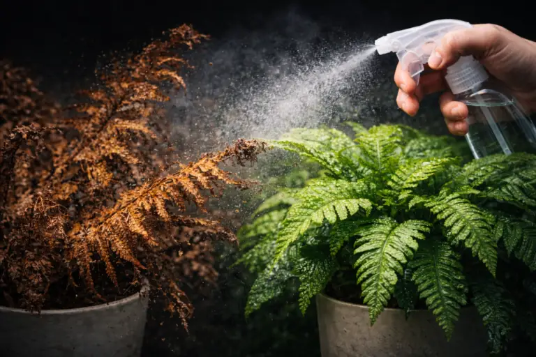 Folha de samambaia seca e marrom em close-up recebendo borrifação de água para recuperação, ilustrando o guia de emergência de 7 dias do Manual da Flora.