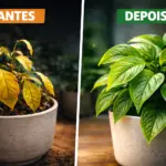 Mão com polegar verde tocando planta morrendo para diagnóstico rápido de 60 segundos, representando o teste do Manual da Flora.