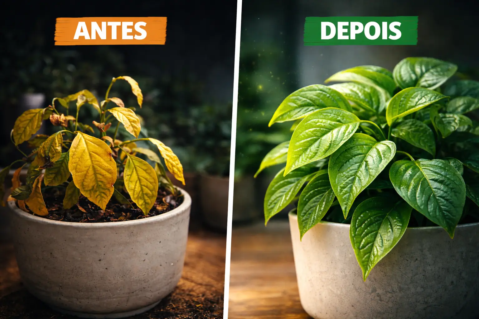 Mão com polegar verde tocando planta morrendo para diagnóstico rápido de 60 segundos, representando o teste do Manual da Flora.