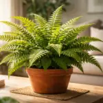 Uma samambaia de Boston extremamente saudável e verde em um vaso moderno, iluminada pela luz do sol em uma sala decorada, representando o resultado do método Manual da Flora.