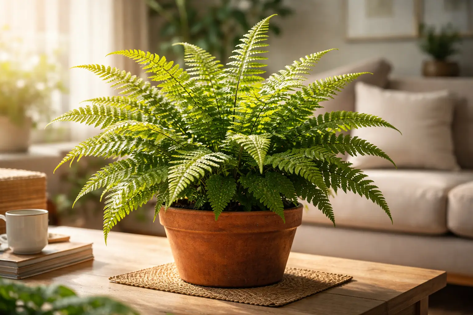 Uma samambaia de Boston extremamente saudável e verde em um vaso moderno, iluminada pela luz do sol em uma sala decorada, representando o resultado do método Manual da Flora.